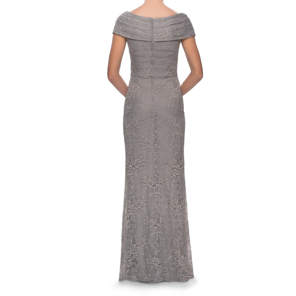 La Femme Dresses & Skirts - NWT La Femme Platinum Gray Portrait Neck Lace Gown size 6